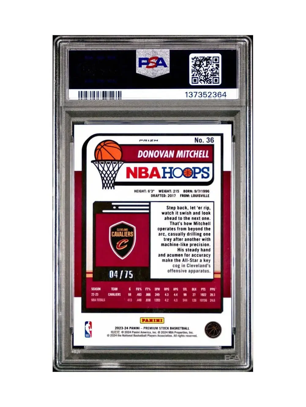 Donovan Mitchell 2023 Panini Hoops Premium #36 04/75 Blue Pulsar PSA 10 Gem Mint